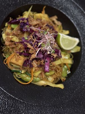 Soy spaghetti with smoked tofu, edamame and oriental veggies (vegan)  at Ziga in Verona