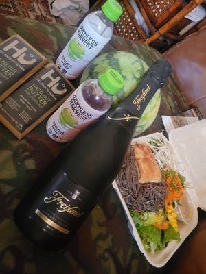 Japhys Cold Boodke salad on the right with tofu, Wasabi vinegarette! Delicious and vegan! at Japhy's Soup and Noodles in Arcata