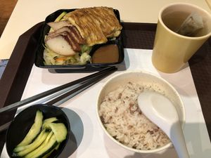 Char siu and tofu combo with rice, pickles, and japanese genmaicha at Loving Hut - Amoy Plaza in Kowloon