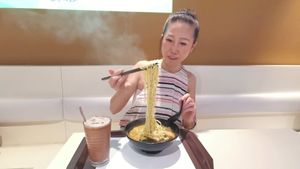 noodles with vegan egg and iced chocolate at Loving Hut - Amoy Plaza in Kowloon