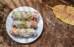 Spring Rolls - Noodles & local raw vegetables, wrapped up in rice papers served with soy peanut sauce. at Hefalump Cafe in Mondulkiri