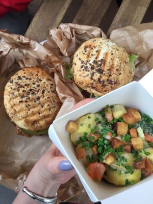 In the box there are kopytka - one of the classic Polish dishes cooked in a vegan way! You can pick your own flavour or sauce out of a choice of three. Behind is the seitan burger and another take on a traditional Polish dish. The fake meat seemed so real! The texture was right on point. at Bezmleczny in Krakow