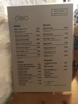 Simple menu shows Vegan and Gluten Free  at Óbio in Porto