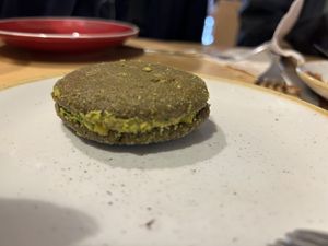 Pistachio matcha and peanut butter alfajor  at Maiatza in San Sebastian