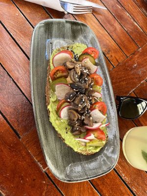 Toasted Bread „Vegana“ (Avocado, Hummus, Mushrooms, Cherry Tomato, Cucumber, Radish, Sesame)  at Maiatza in San Sebastian