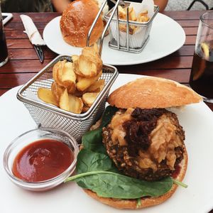 Vegana Burger with chips! 🤤 at Maiatza in San Sebastian