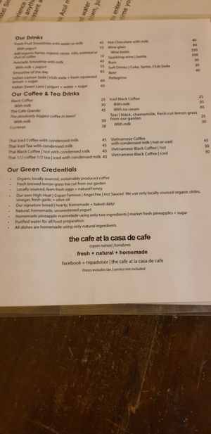 Menu at Casa de Cafe B&B in Copan Ruinas