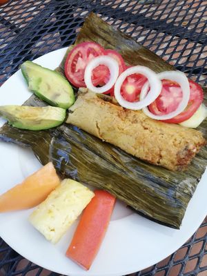 Tamal with veggies instead of bread at Casa de Cafe B&B in Copan Ruinas