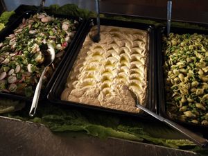 Vegetable salad,  hummus, macaroni with green peas and herbs at RizRaz - Kannikestraede in Copenhagen