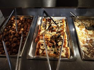 homemade falafel, pizza, baked macaroni with cheese at RizRaz - Kannikestraede in Copenhagen