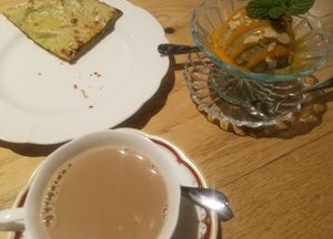 all vegan: kabuli nan with dried fruits and nuts, avocado and banana ice cream, soymilk chai at Nataraj - Harajuku Omotesando in Tokyo