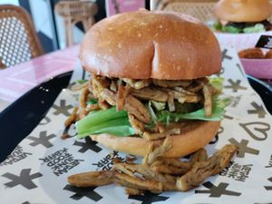Shawarma sandwich in yummy brioche bread at Vegan Junk Food Bar - Eastside in Amsterdam