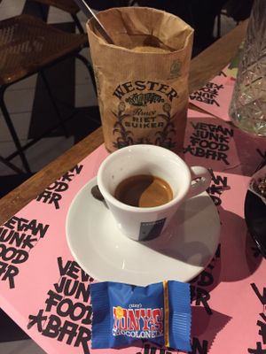 Espresso with chocolate  at Vegan Junk Food Bar - Eastside in Amsterdam