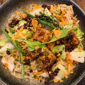 Vegetable Talbos (hand made wheat noodles, vegetables, tofu in a sesame-soy sauce), ordered in advance.  at Pobrecito in Helsinki