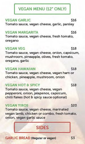 Vegan menu at Mamma Mia Pizzeria in Gawler