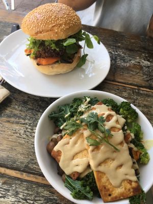 Vegan Burger and Rice with marinated tofu Bowl at Pure Wholefoods in Manly
