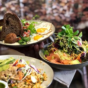 Bombay eggs, Raw Salad w/smoked salmon, Mixed salad, perfect for brunching, lunching, and munching at Pure Wholefoods in Manly