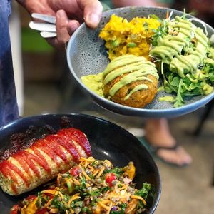 Combining patties w/ mixed salads at Pure Wholefoods in Manly