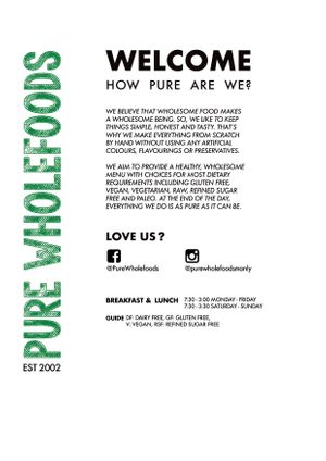 2019 Menu at Pure Wholefoods in Manly