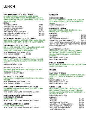 2019 Menu at Pure Wholefoods in Manly