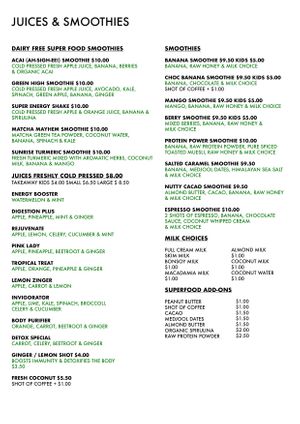2019 Menu at Pure Wholefoods in Manly