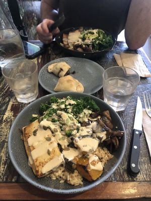 Yogi salad: marinated tofu, broccoli, kale, tahini sauce, roasted pumpkin, brown rice, mushrooms and seeds at Pure Wholefoods in Manly