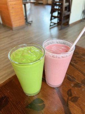 Avo kale smoothie, strawberry banana smoothie  at Broadfork Cafe in Seattle