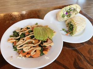 Veggie kick bowl, hummus burrito   at Broadfork Cafe in Seattle