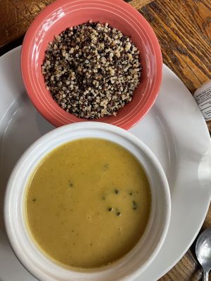 Cheezy broccoli potato soup  at Broadfork Cafe in Seattle