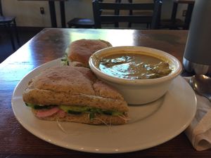 Avocado sandwich on gluten-free bread with cheezy broccoli soup at Broadfork Cafe in Seattle
