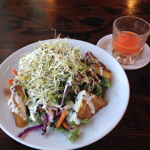 Plant Protein Bowl with Carrot Ginger Shot at Broadfork Cafe in Seattle