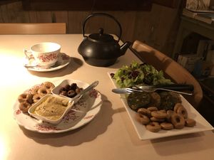 Vegan meal: falafels, hummus and olives (with gluten free alternative to bread) at Sullaluna in Venice