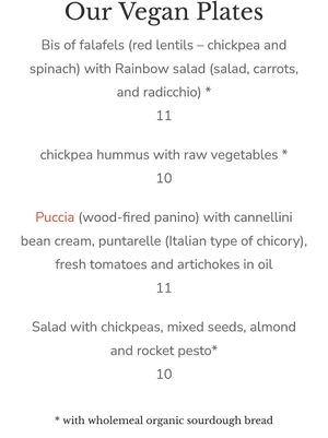Vegan menu as of late July 2022 at Sullaluna in Venice