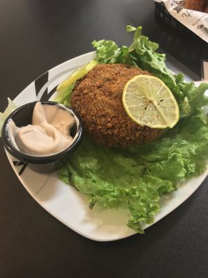 Krabless cake! Best vegan seafood I’ve ever had. The artichokes were just the perfect substitute.  at Birch Bark Eatery in Glen Falls