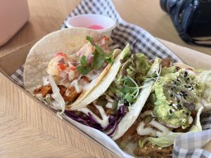 Trio tacos: smokey jack, mo'lay chicken, hawaiian chicken  at Goodness Gracias in Palm Beach