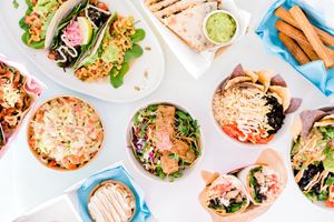 Table of Mexican wholefood plant-based options, in the Goodness Casa at Goodness Gracias in Palm Beach
