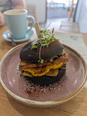 Vegan bacon and egg burger at Niche & Co in Tugun