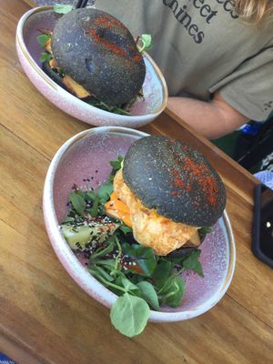 Vegan bacon and egg burger  at Niche & Co in Tugun