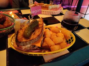 Reuben sandwich and tater tots at Evies Disco Diner in Fitzroy