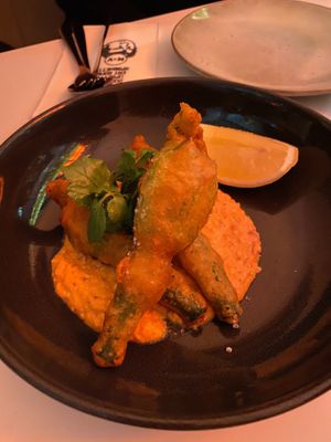 Stuffed zucchini flowers  at Mark & Vinny's Spaghetti & Spritz in Surry Hills