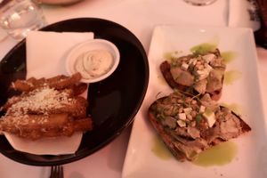 Vegan polenta chips and bruschetta  at Mark & Vinny's Spaghetti & Spritz in Surry Hills