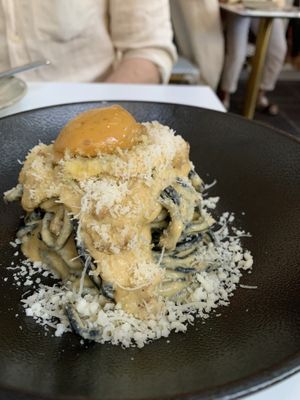 Charcoal bucatini  at Mark & Vinny's Spaghetti & Spritz in Surry Hills