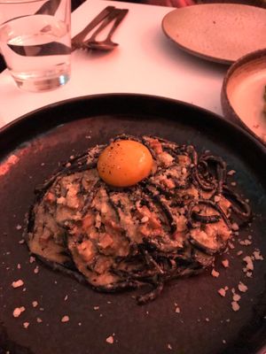 Vegan charcoal carbonara  at Mark & Vinny's Spaghetti & Spritz in Surry Hills