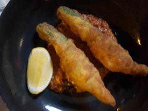 Zucchini flowers - nice! at Mark & Vinny's Spaghetti & Spritz in Surry Hills