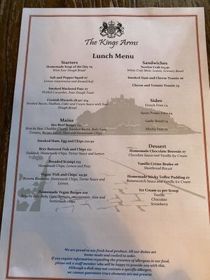 Menu at The Kings Arms in Marazion