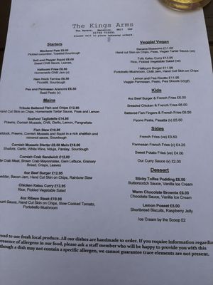Menu 27/05/2021 at The Kings Arms in Marazion