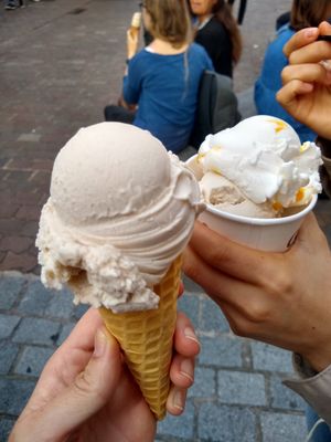 Hazelnut and mango yogurt (both vegan) at Oyya in Bruges