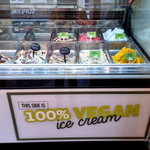 Vegan section in fridge at Oyya in Bruges