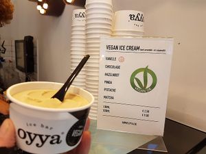 vegan flavours list on counter at Oyya in Bruges