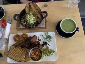 Vegan breakfast, vegan hash + match latte   at Bean There Coffee Shop in Liverpool